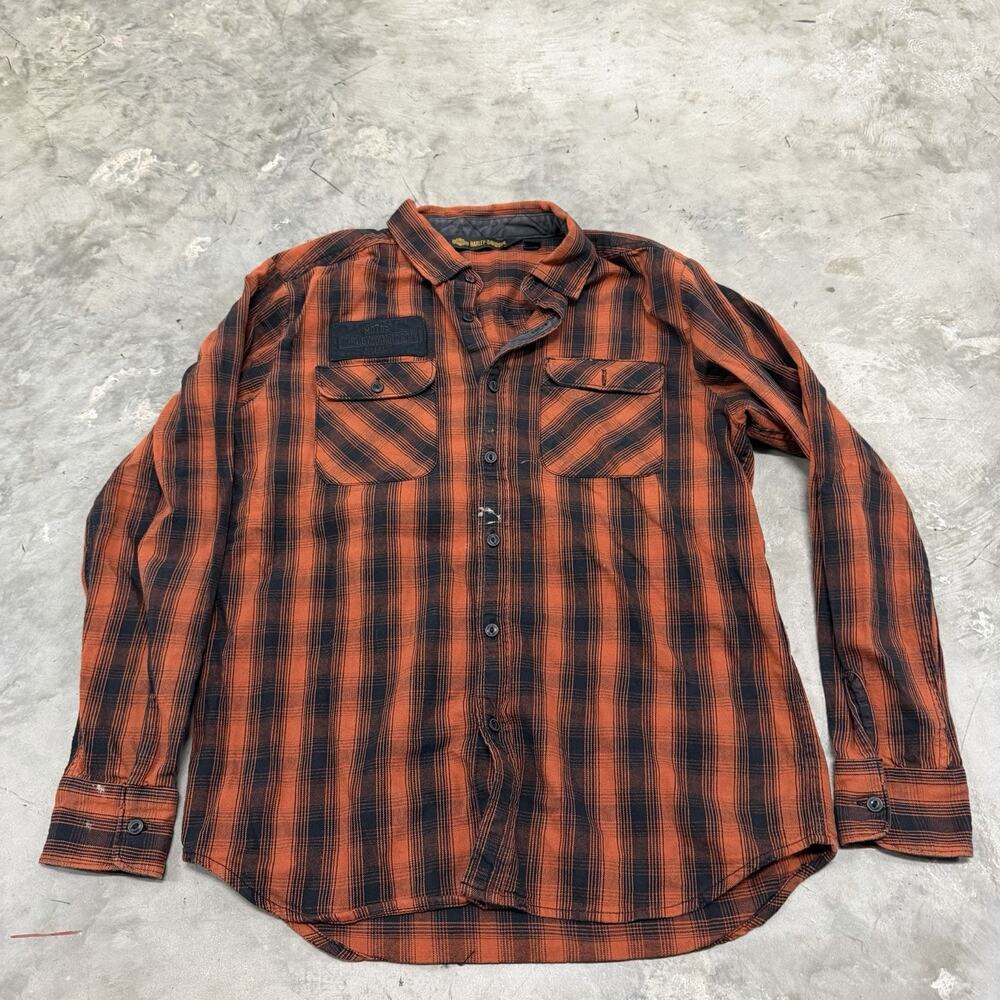 Harley Davidson Oak Leaf Embroidered Flannel Orange Black Plaid Shirt Mens Large